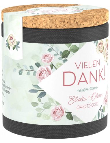 Linke Seitenfläche der floralen Dose mit dem Text „Vielen Dank!