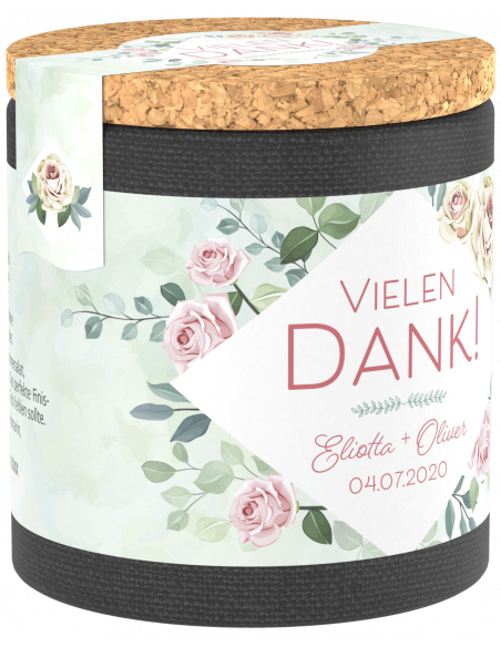 Linke Seitenfläche der floralen Dose mit dem Text „Vielen Dank!