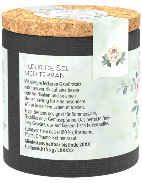 Rücketikett mit Zutatenliste „Fleur de Sel, mediterrane Kräuter“ und Serviervorschlägen.