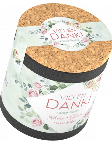 Perspektivische Aufnahme der Dose mit vollständigem „Vielen Dank!“-Etikett und floralen Verzierungen.