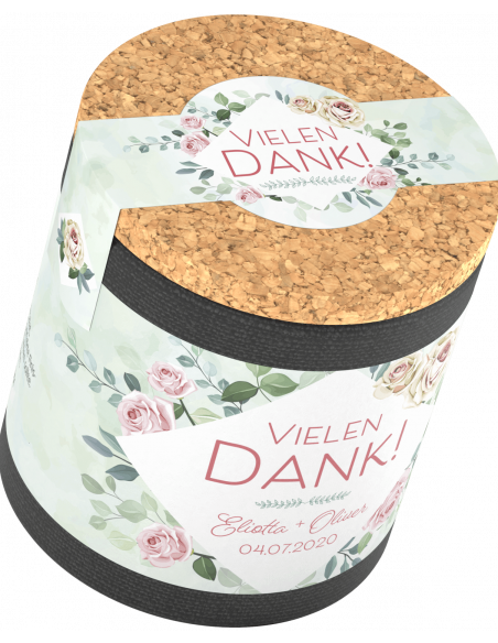 Perspektivische Aufnahme der Dose mit vollständigem „Vielen Dank!“-Etikett und floralen Verzierungen.