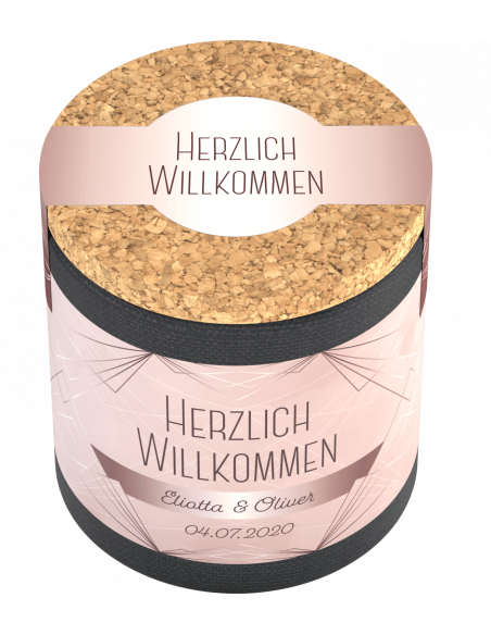 Gleiche Dose, etwas schräg fotografiert. Schrift und Design gut lesbar, Korkdeckel erkennbar.