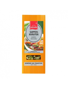 Flachbeutel mit der Aufschrift „SUPPENKRÄUTER GEWÜRZ-MISCHUNG“ und einer Suppe mit Kräutern