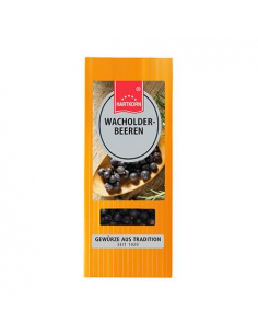 Flachbeutel mit der Aufschrift „WACHOLDERBEEREN“, Abbildung von dunklen Beeren auf Holzlöffel.