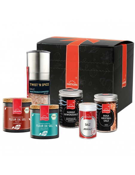 Schwarze Box mit roten Elementen, davor sieben verschiedene Salzgewürze