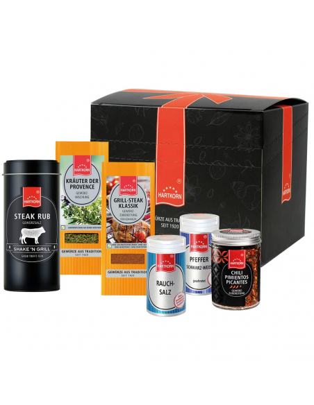 Schwarzer Geschenkkarton mit Grillgewürzen, darunter Steak-Rub, Grill-Steak Klassik und Chili Pimientos. Schwarzer Geschenkkarton mit Grillgewürzen, darunter Steak-Rub, Grill-Steak Klassik und Chili Pimientos.