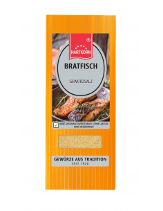 Orangefarbener Flachbeutel mit Bild von Fischfilet und Etikett „Bratfisch Gewürzsalz“