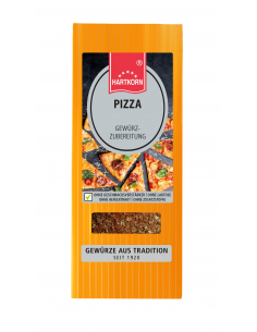 Flachbeutel mit der Aufschrift „PIZZA Gewürzzubereitung“ vor Pizza-Abbildung