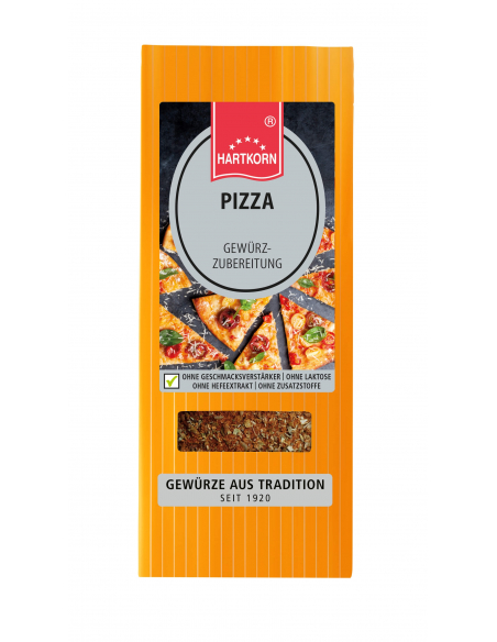 Flachbeutel mit der Aufschrift „PIZZA Gewürzzubereitung“ vor Pizza-Abbildung Flachbeutel mit der Aufschrift „PIZZA Gewürzzubereitung“ vor Pizza-Abbildung