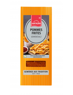 Flachbeutel mit der Aufschrift „POMMES FRITES Gewürzsalz“ vor Pommes-Abbildung