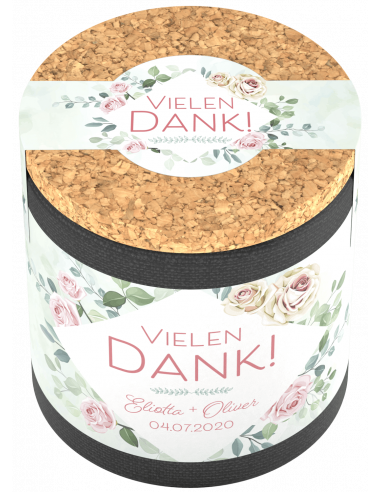 Gleiche Dose mit sichtbarem Korkdeckel. Schriftzug „Vielen Dank!“ von schräg oben lesbar.