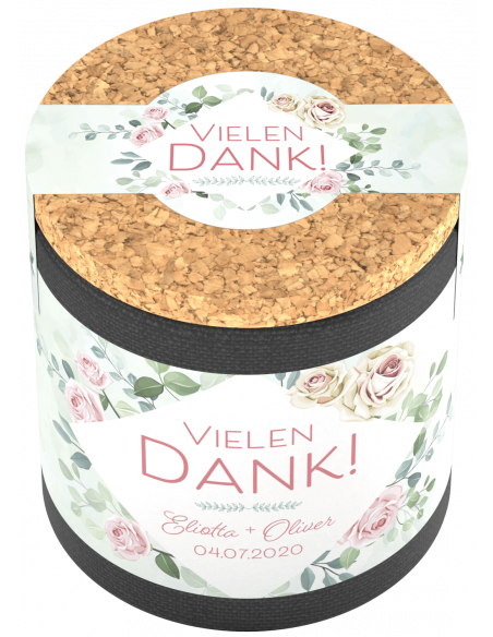 Gleiche Dose mit sichtbarem Korkdeckel. Schriftzug „Vielen Dank!“ von schräg oben lesbar.
