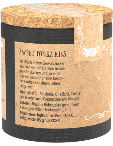 Rückseite mit Zutatenliste (u. a. Kokosblütenzucker, Tonkabohne) und Anwendungsvorschlägen