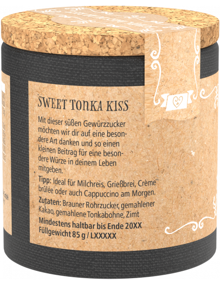 Rückseite mit Zutatenliste (u. a. Kokosblütenzucker, Tonkabohne) und Anwendungsvorschlägen