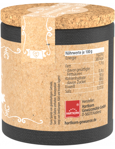 Rechte Rückseite mit Nährwerttabelle, Adresse von Hartkorn Gewürzmühle, Barcode.