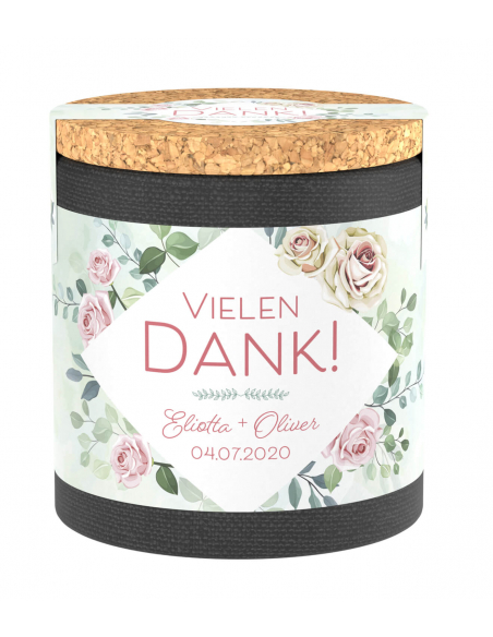 Runde Gewürzdose mit Korkdeckel. Aufdruck: „Vielen Dank!. Florales Etikett in Pastelltönen.