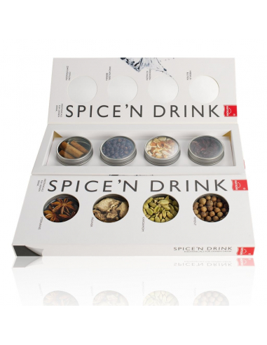 Mehrere liegende Verpackungen des Sets ‚SPICE'N DRINK‘ mit sichtbaren Gewürzdosen in einer Geschenkbox.