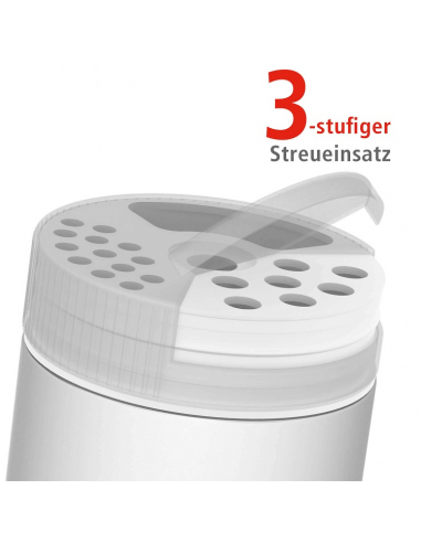 Nahaufnahme eines Gewürzdeckels mit 3-stufigem Streueinsatz: feine, grobe und offene Streuöffnung