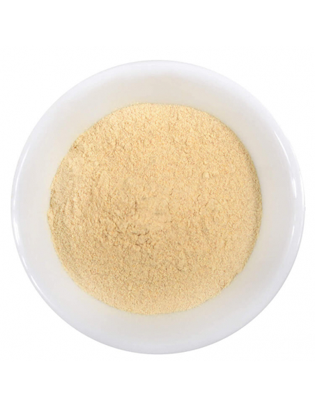 Weiße Schale mit feinem, gelblich-beigem Pulver – gemahlene Bockshornkleesamen Weiße Schale mit feinem, gelblich-beigem Pulver – gemahlene Bockshornkleesamen