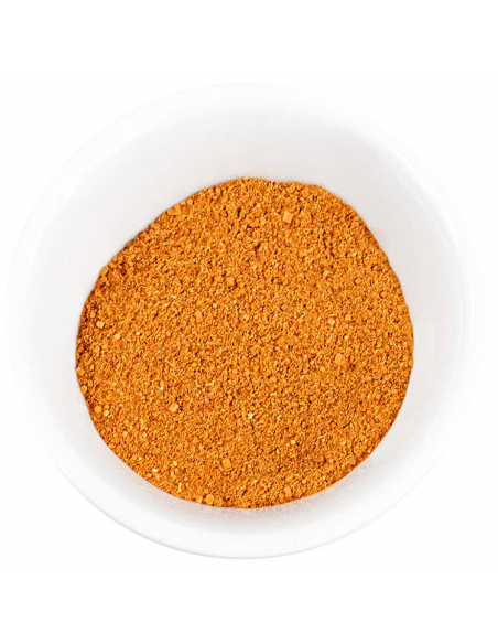 Weiße Schale, gefüllt mit feinem Gewürzzucker in kräftigem Orange mit gleichmäßiger, pudriger Struktur. Weiße Schale, gefüllt mit feinem Gewürzzucker in kräftigem Orange mit gleichmäßiger, pudriger Struktur.