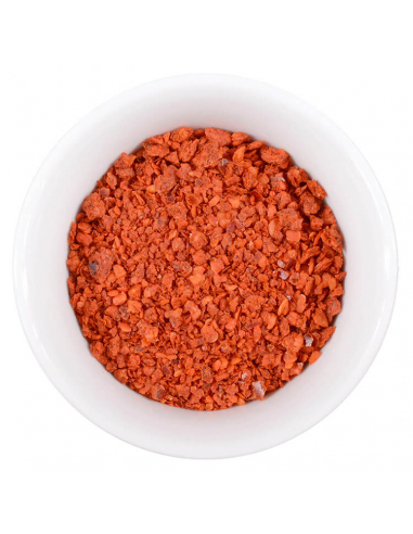 Weiße Schale mit grob geschrotetem, intensiv rotem Chili.