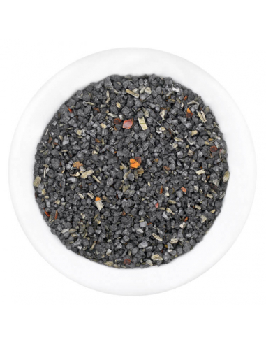 Schwarzes Hawaii-Salz mit Kräutern in weißer Schale – ideal zum Grillen und für Fleischgerichte