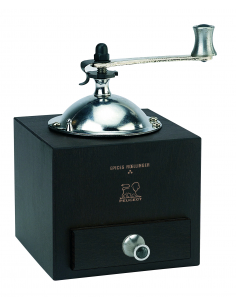 Klassische Pfeffermühle mit Metallkurbel und schwarzem Holzgehäuse- Peugeot Handmühle Olivier Roellinger