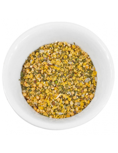 Weiße Schale, gefüllt mit grober Fisch Rub Gewürzzubereitung in Gelb- und Grüntönen mit sichtbaren Kräutern und Senfkörnern.