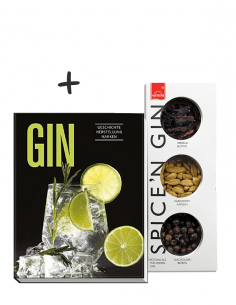 Set bestehend aus einem Gin-Buch mit schwarzem Cover und drei runden Gewürzdosen in einer Geschenkverpackung.