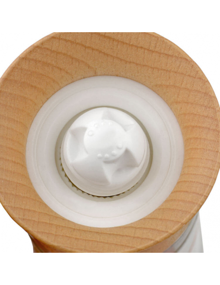 Detailaufnahme der Oberseite der Mühle mit weißem Keramik-Mahlwerk. Detailaufnahme der Oberseite der Mühle mit weißem Keramik-Mahlwerk.