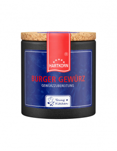 Pappdose mit Korkdeckel und dunkelblauem Etikett, beschriftet mit „Burger Gewürz“.