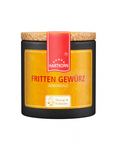 Pappdose mit Korkdeckel und gelbem Etikett, beschriftet mit „Fritten Gewürz“.