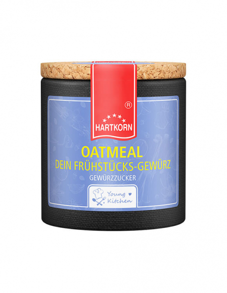 Pappdose mit Korkdeckel und hellblauem Etikett, beschriftet mit „Oatmeal – Frühstücks-Gewürz“.