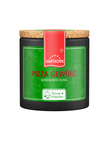 Pappdose mit Korkdeckel und grünem Etikett, beschriftet mit „Pizza Gewürz". Pappdose mit Korkdeckel und grünem Etikett, beschriftet mit „Pizza Gewürz".