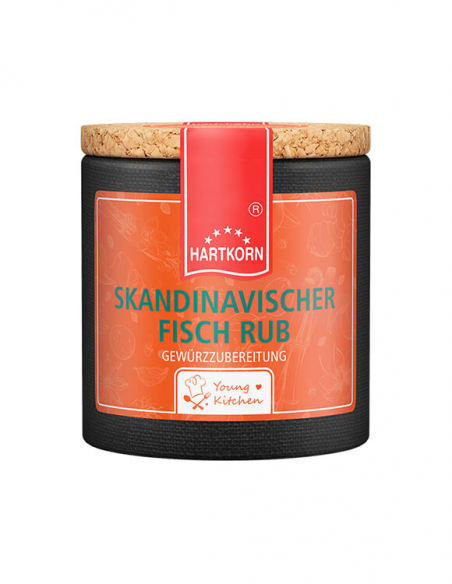 Pappdose mit Korkdeckel und orangefarbenem Etikett, beschriftet mit „Skandinavischer Fisch Rub“. Pappdose mit Korkdeckel und orangefarbenem Etikett, beschriftet mit „Skandinavischer Fisch Rub“.