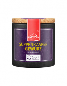 Pappdose mit Korkdeckel und dunkelviolettem Etikett, beschriftet mit „Suppenkasper Gewürz – Gewürzzubereitung“.