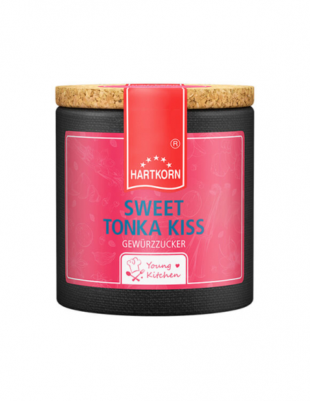 Pappdose mit Korkdeckel und pinkem Etikett, beschriftet mit „Sweet Tonka Kiss“.