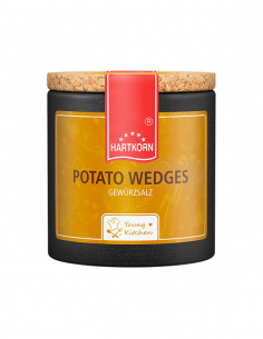 Pappdose mit Korkdeckel und orange-gelbem Etikett, beschriftet mit „Potato Wedges – Gewürzzubereitung“.