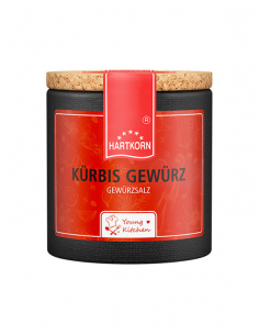 Pappdose mit Korkdeckel und kräftig rotem Etikett, beschriftet mit „Kürbis Gewürz – Gewürzzubereitung“.