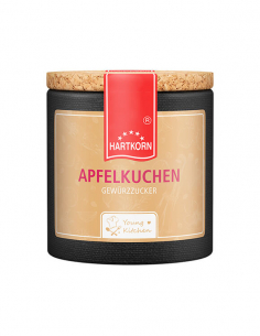 Pappdose mit Korkdeckel und hellbeigem Etikett, beschriftet mit „Apfelkuchen – Gewürzzubereitung“.