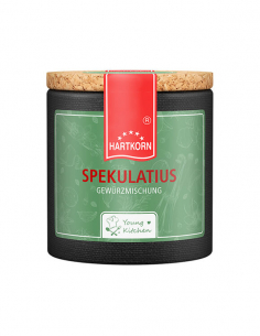 Pappdose mit Korkdeckel und grünem Etikett, beschriftet mit „Spekulatius“.