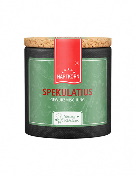 Pappdose mit Korkdeckel und grünem Etikett, beschriftet mit „Spekulatius“.