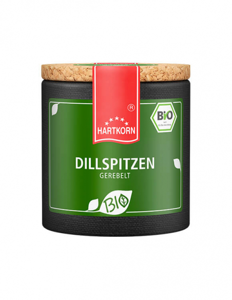 Dunkle Pappdose mit grünem Etikett, Aufschrift ‚DILLSPITZEN GEREBELT‘ und Bio-Siegel Dunkle Pappdose mit grünem Etikett, Aufschrift ‚DILLSPITZEN GEREBELT‘ und Bio-Siegel