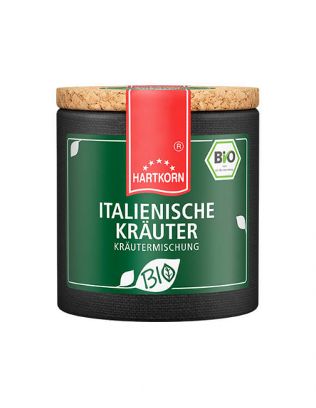 Dunkle Pappdose mit grünem Etikett, Aufschrift ‚ITALIENISCHE KRÄUTER KRÄUTERMISCHUNG‘ und Bio-Siegel Dunkle Pappdose mit grünem Etikett, Aufschrift ‚ITALIENISCHE KRÄUTER KRÄUTERMISCHUNG‘ und Bio-Siegel