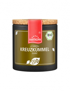 Dunkle Pappdose mit braunem Etikett, Aufschrift ‚»CUMIN« KREUZKÜMMEL GANZ‘ und Bio-Siegel