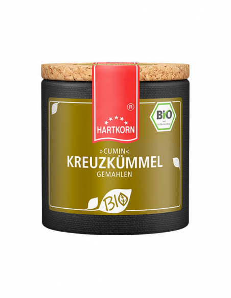Dunkle Pappdose mit olivbraunem Etikett, Aufschrift ‚»CUMIN« KREUZKÜMMEL GEMAHLEN‘ und Bio-Siegel
