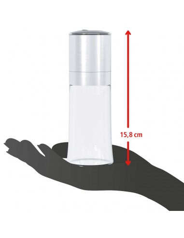 Illustration einer Hand, die eine Gewürzmühle mit Edelstahlaufsatz hält; daneben ein roter Pfeil mit der Höhenangabe 15,8 cm.