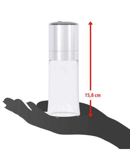 Illustration einer Hand, die eine Gewürzmühle mit Edelstahlaufsatz hält; daneben ein roter Pfeil mit der Höhenangabe 15,8 cm. Illustration einer Hand, die eine Gewürzmühle mit Edelstahlaufsatz hält; daneben ein roter Pfeil mit der Höhenangabe 15,8 cm.