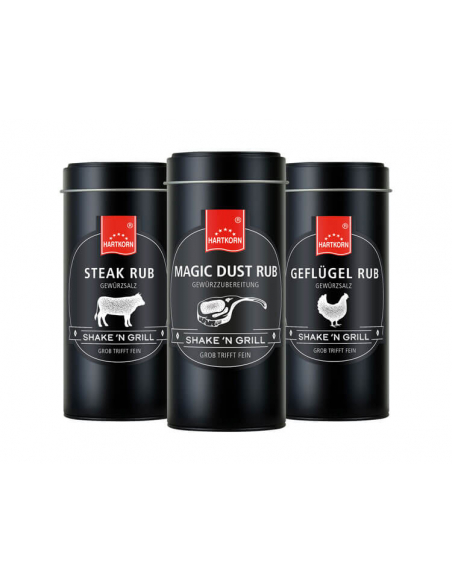 Drei schwarze BBQ-Gewürzdosen in einer Reihe mit rotem Logo und jeweils mit Tier-Symbolen vorne drauf.