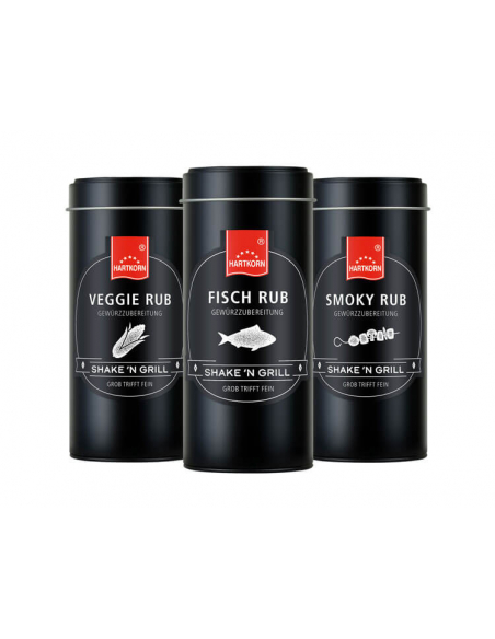 Drei schwarze BBQ-Gewürzdosen in einer Reihe mit rotem Logo und jeweils mit Tier-Symbolen vorne drauf.